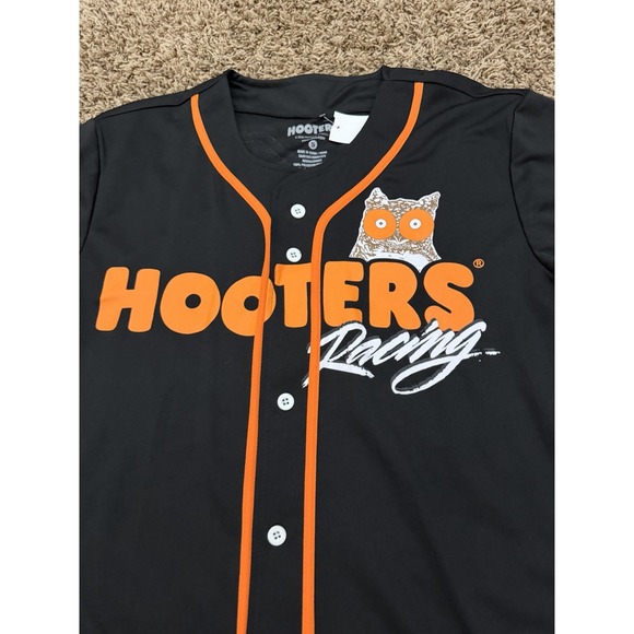 Hooters Racing Baseball Jersey Black Orange Button Up Shirt 00 Owl Logo Sz Small - Picture 2 of 6